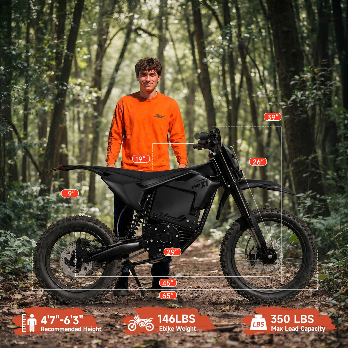 4500W Peak Electric Dirt Bike for Adults 60V 28.8AH Battery up to 60Mile Range X1 Spark off-Road Electric Dirt Bike 50 mph Fat Tire Full Suspension E-Mountain Bikes with 17"/14" Wheel, UL2849 by SGS