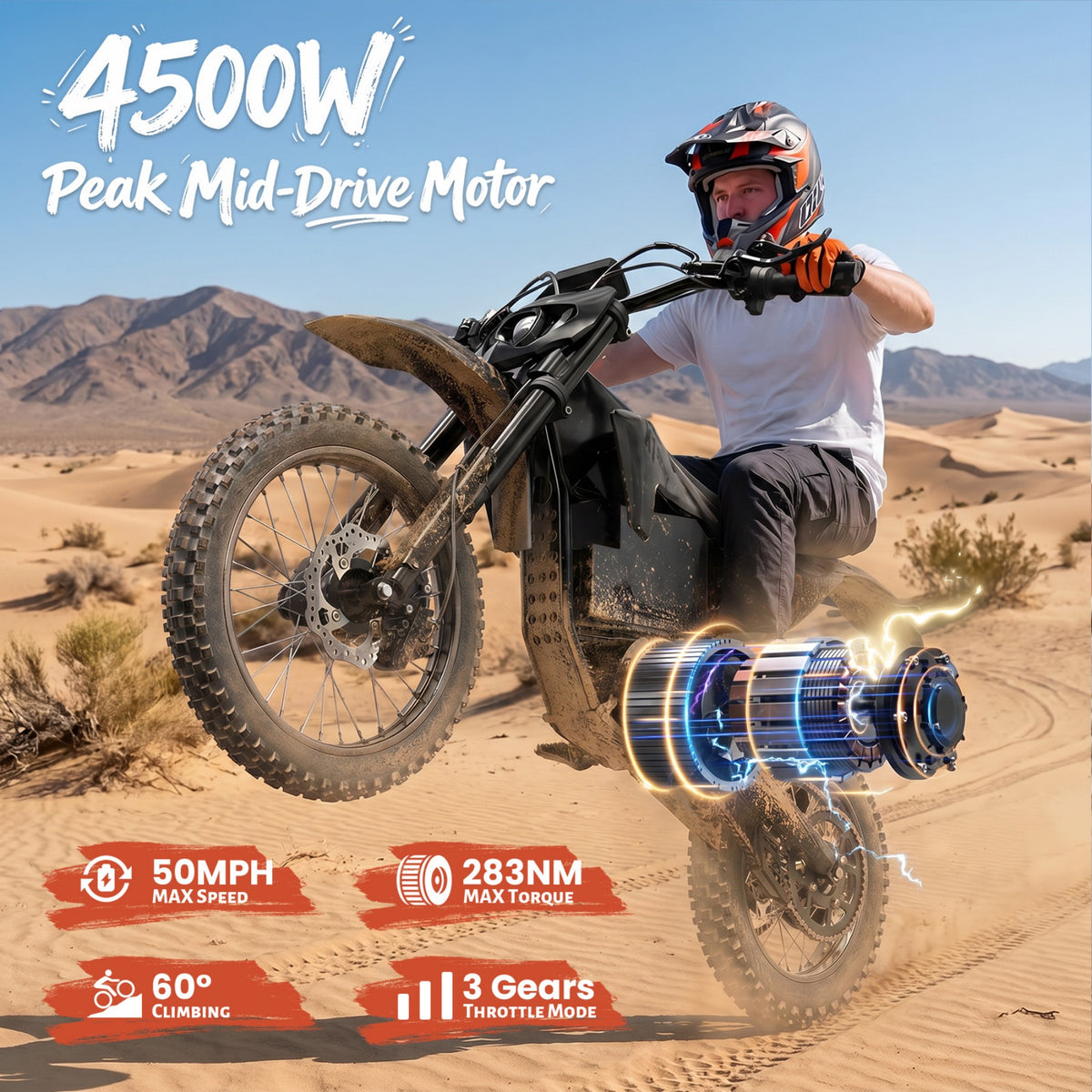 4500W Peak Electric Dirt Bike for Adults 60V 28.8AH Battery up to 60Mile Range X1 Spark off-Road Electric Dirt Bike 50 mph Fat Tire Full Suspension E-Mountain Bikes with 17"/14" Wheel, UL2849 by SGS