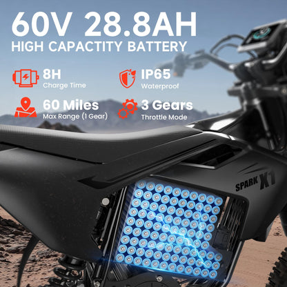 Qronge Electric Dirt Bike for Adults 50 mph 4500W Peak Motor X1 Spark E-Bike up to 60Miles Range 14"/12" Fat Tire off Road Ebike with 60V 28.8AH Battery Full Suspension Mountain E Bike, UL2849 by SGS