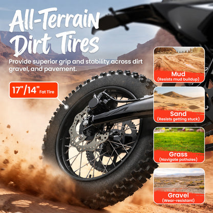 X1 Spark Electric Dirt Bike for Adults 50 mph 4500W Peak E-Bike up to 60 Mile Range, 60V 28.8AH Battery Full Suspension Electric Motorcycle with 17"/14" Wheel, off Road Mountain E Bike, UL2849 by SGS
